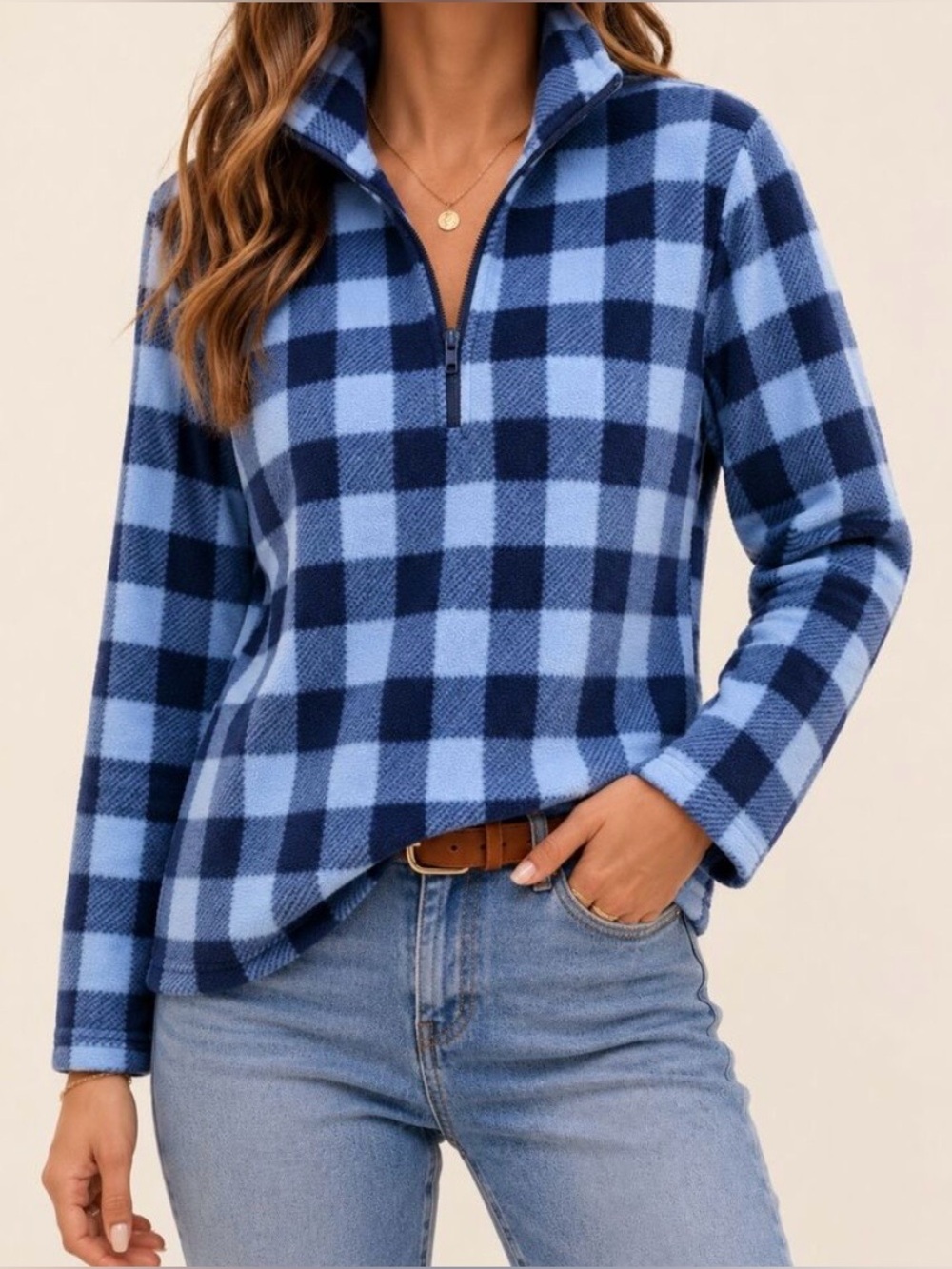 Lands’ End Women’s 1/4 Zip Blue & Navy Buffalo Check Plaid Fleece Pullover Sz L